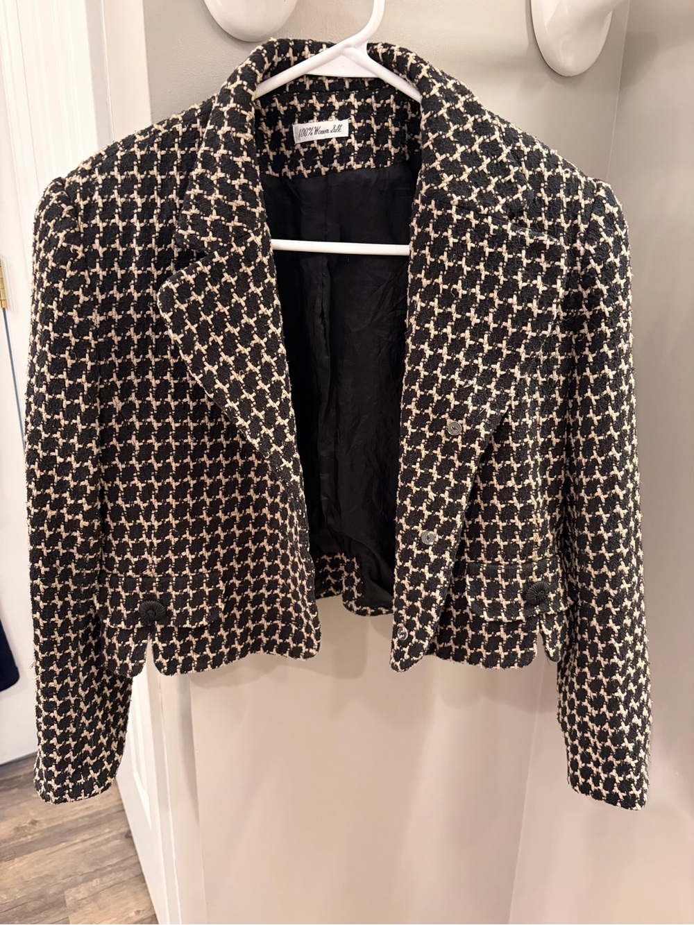Women's Black & Cream Tweed Cropped Blazer - Classic Tailored Style
